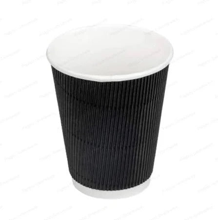 Riya 12oz Black Ripple Wall Coffee Cups – Triple-Walled, Barcoded (Commercial & Retail Ready)