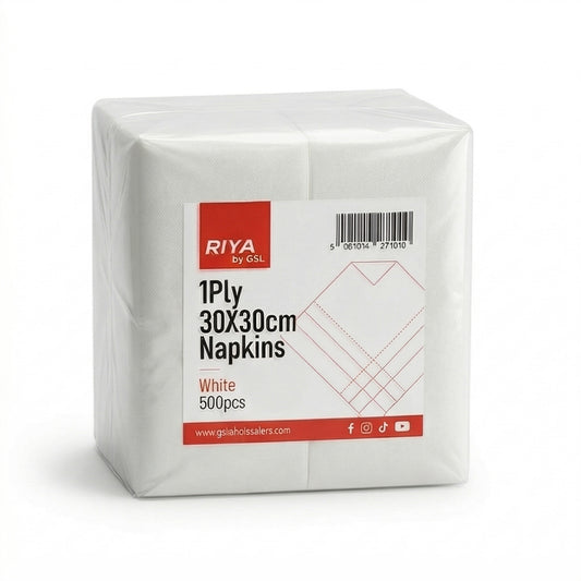 30x30cm White 1‑Ply Embossed Napkins - Disposable Lunch Napkins | Pack of 500 or Case of 4000 | Bulk UK Cafe & Catering Wholesale