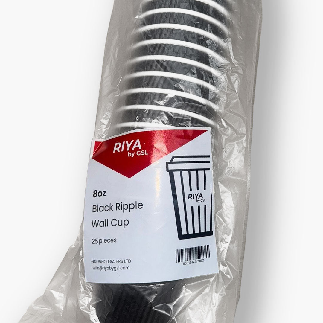 Riya 8oz Black Ripple Triple-Wall Coffee Cups - (Retail & Commercial, Barcoded)