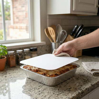 Uneeq Foil‑Backed Poly Coated 9x9 inch Paper Lids – Square Polyboard Lids for Foil Containers | Case of 180 | UK Catering & Takeaway