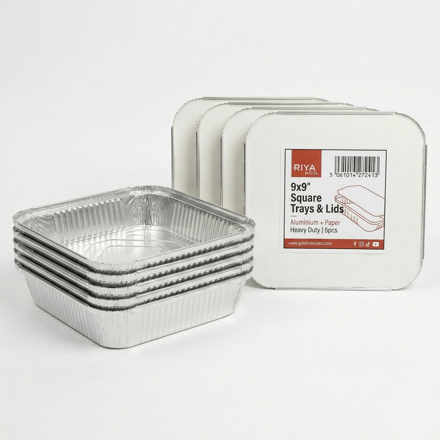 Riya 9x9x2" Foil Trays with Paper Lids - Takeaway Aluminium Containers | Pack of 5 Sets or Case of 12 Sets | Bulk UK Catering Wholesale