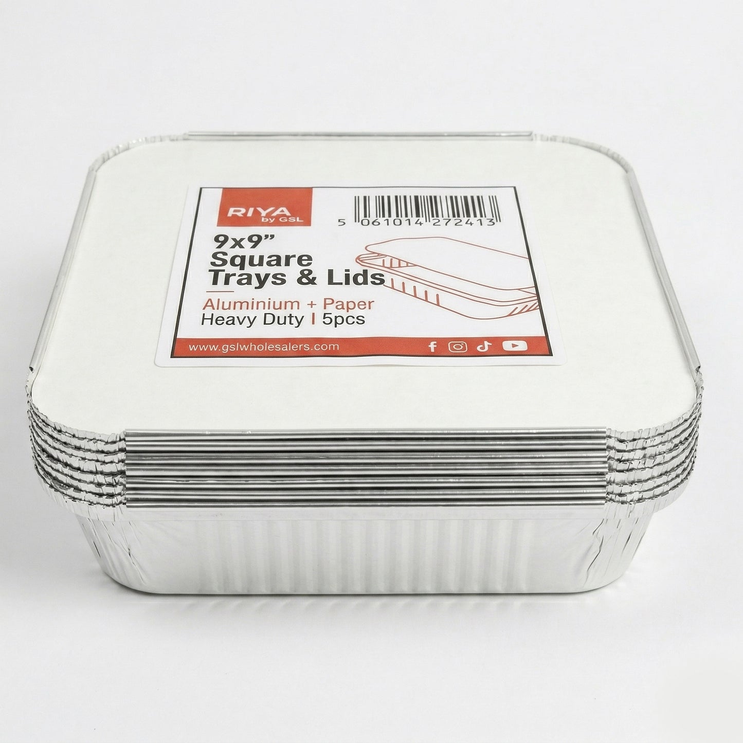 Riya 9x9x2" Foil Trays with Paper Lids - Takeaway Aluminium Containers | Pack of 5 Sets or Case of 12 Sets | Bulk UK Catering Wholesale