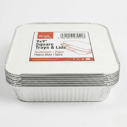 Riya 9x9x2" Foil Trays with Paper Lids - Takeaway Aluminium Containers | Pack of 5 Sets or Case of 12 Sets | Bulk UK Catering Wholesale