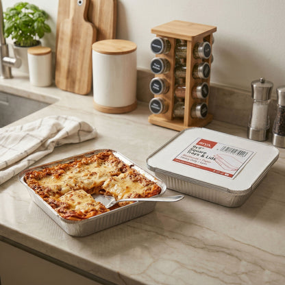 Riya 9x9x2" Foil Trays with Paper Lids - Takeaway Aluminium Containers | Pack of 5 Sets or Case of 12 Sets | Bulk UK Catering Wholesale