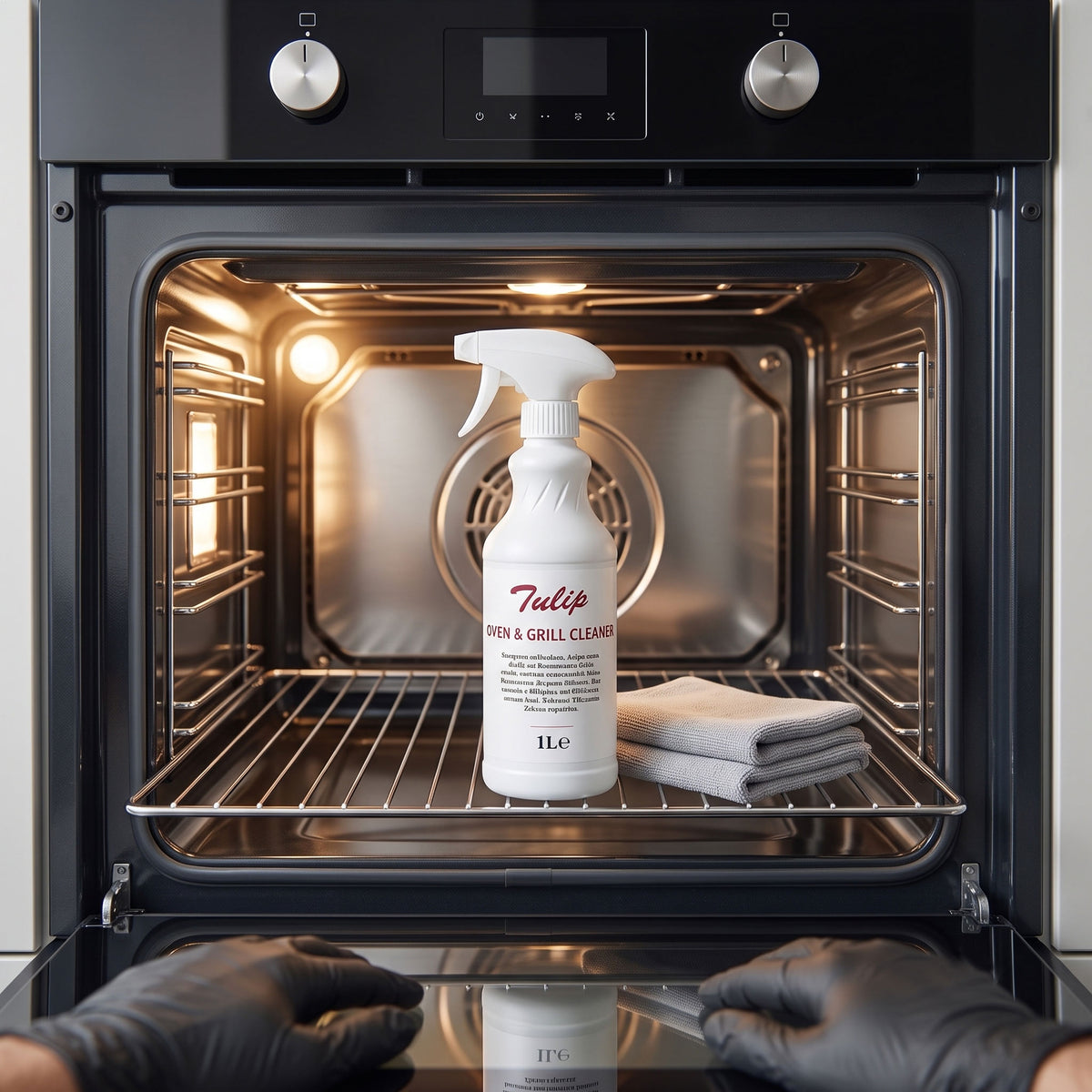 Tulip Oven & Grill Cleaner – heavy-duty chemical degreaser applied to commercial oven interior – restaurant kitchen maintenance – GSL Wholesaler