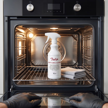 Tulip Oven & Grill Cleaner – heavy-duty chemical degreaser applied to commercial oven interior – restaurant kitchen maintenance – GSL Wholesaler