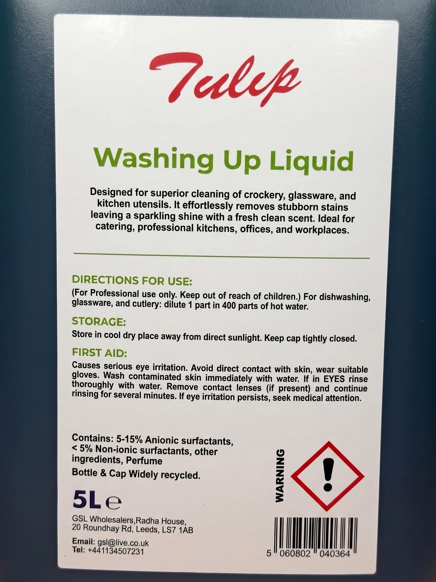 Tulip Washing Up Liquid 5L – professional washing up liquid – product close-up – GSL Wholesaler