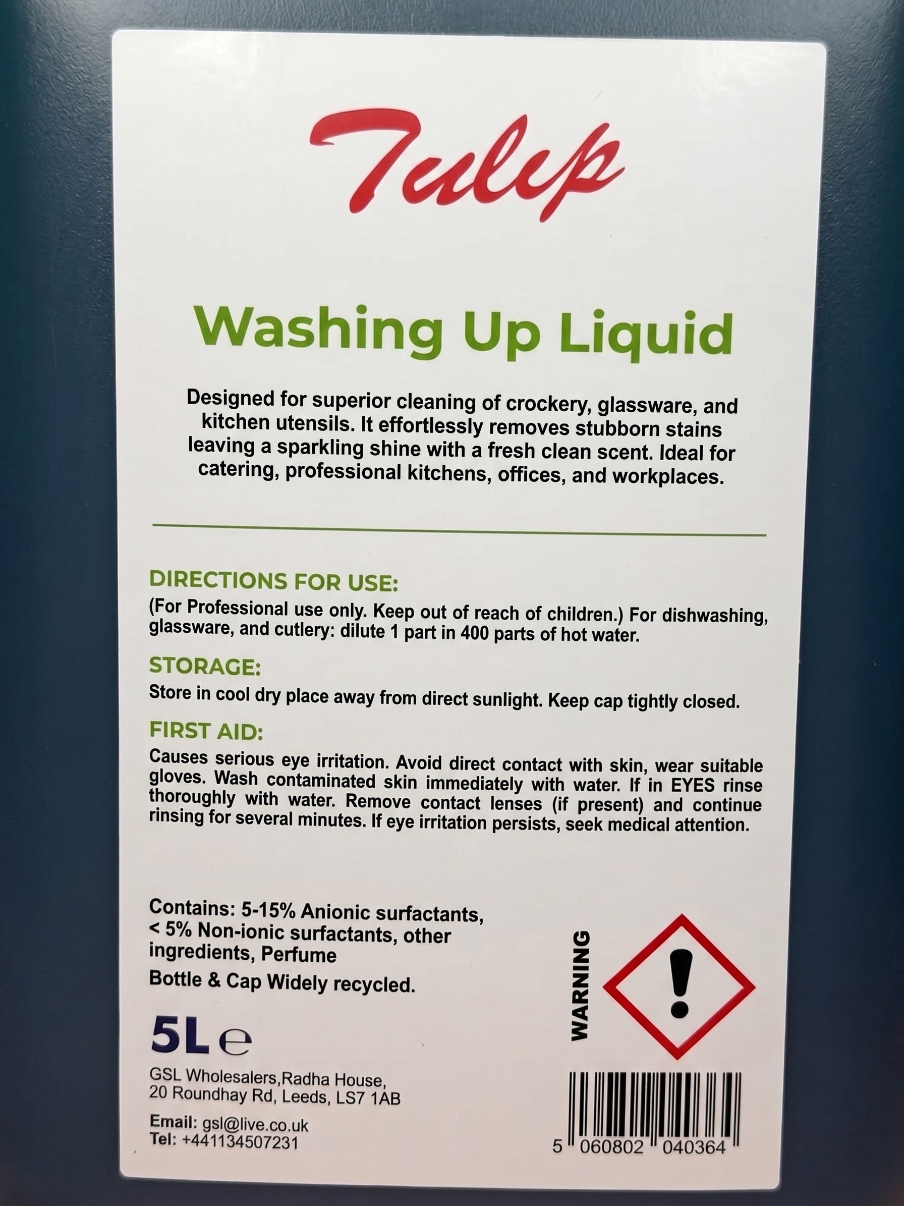 Tulip Washing Up Liquid 5L – professional washing up liquid – product close-up – GSL Wholesaler