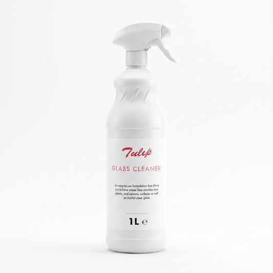 Tulip Glass Cleaner – 1L trigger spray bottle with smear-free formula – product close-up – GSL Wholesaler