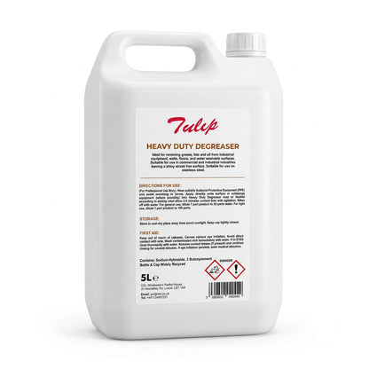 Tulip Heavy Duty Degreaser – 5L bottle with sodium hydroxide formula – commercial hard surface cleaner close-up – GSL Wholesaler