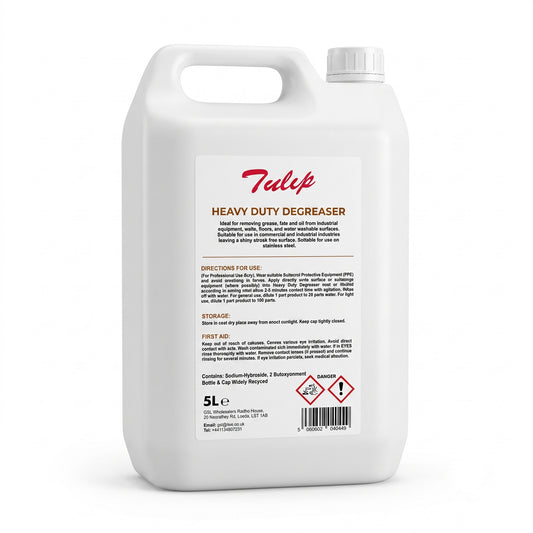 Tulip Heavy Duty Degreaser – 5L bottle with sodium hydroxide formula – commercial hard surface cleaner close-up – GSL Wholesaler