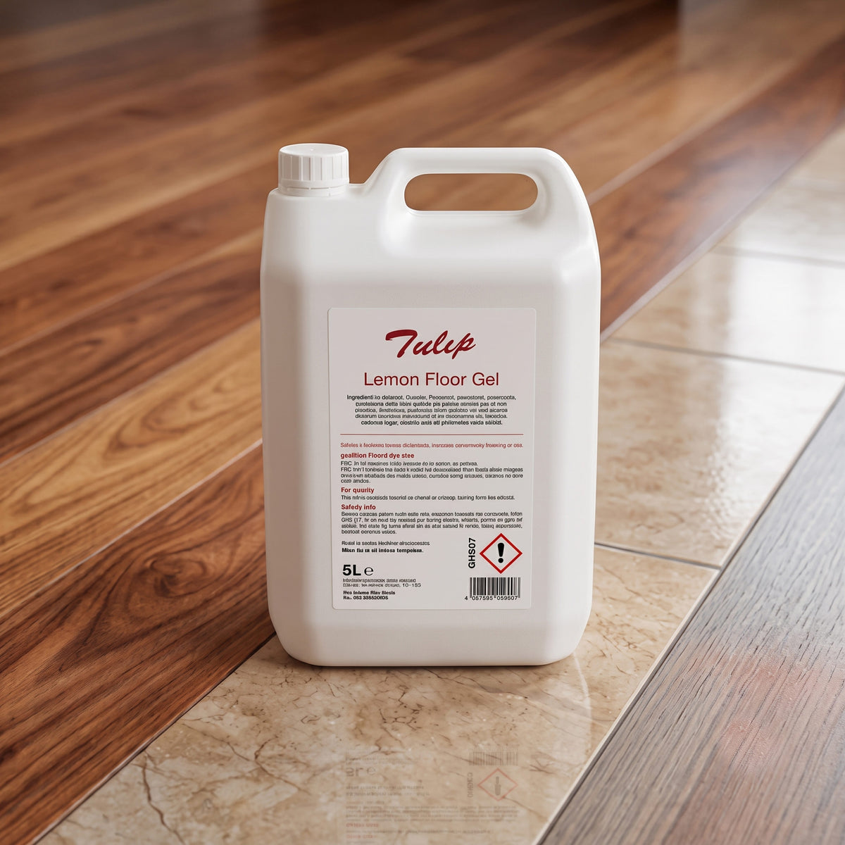 Tulip Lemon Floor Gel – 5L container label showing non-ionic surfactant formula and dilution rates – commercial hard surface cleaning – GSL Wholesaler