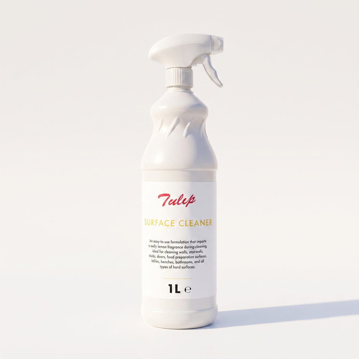 Tulip Surface Cleaner – 1L trigger spray bottle with zesty lemon fragrance – front label specification view – GSL Wholesaler