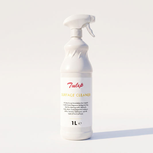 Tulip Surface Cleaner – 1L trigger spray bottle with zesty lemon fragrance – front label specification view – GSL Wholesaler