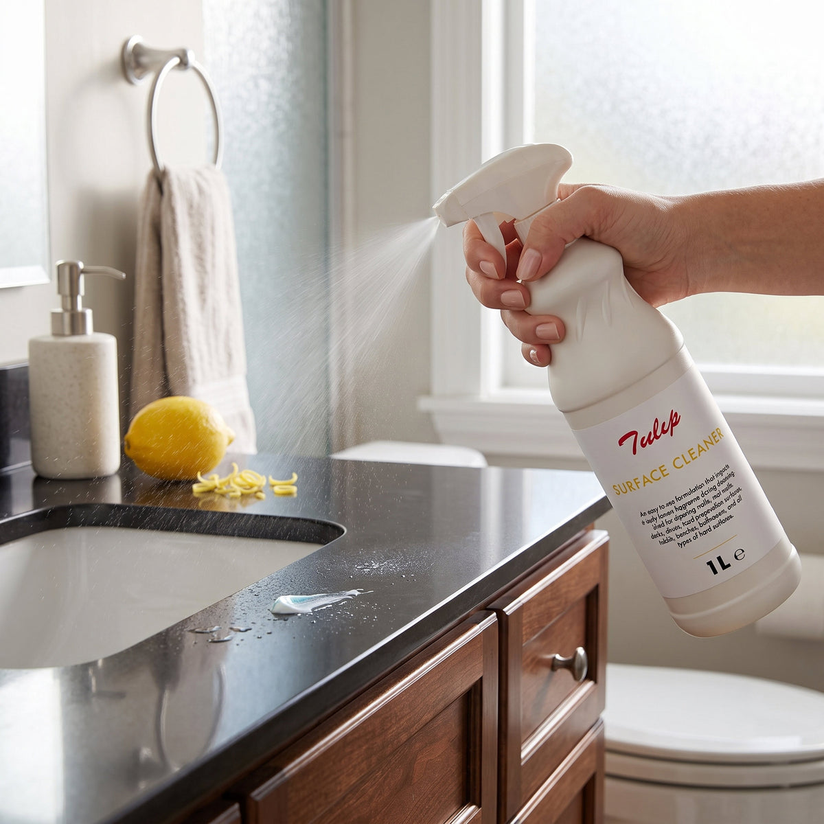 Tulip Surface Cleaner – 1L trigger spray bottle with zesty lemon fragrance – front label specification view – GSL Wholesaler